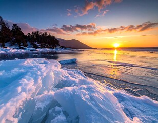 Frozen Lake Sunset Landscape.