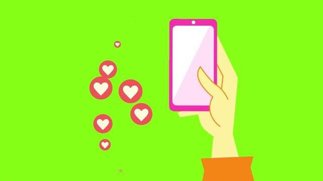 Smartphone Hand Scrolling Screen with Heart Like Motion Graphic Animation, Green Screen HD Template for Social Media Content