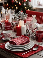 festive table setting with red and white decor