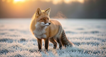 Fototapeta premium Majestic Fox Standing in Frosty Winter Field at Sunrise