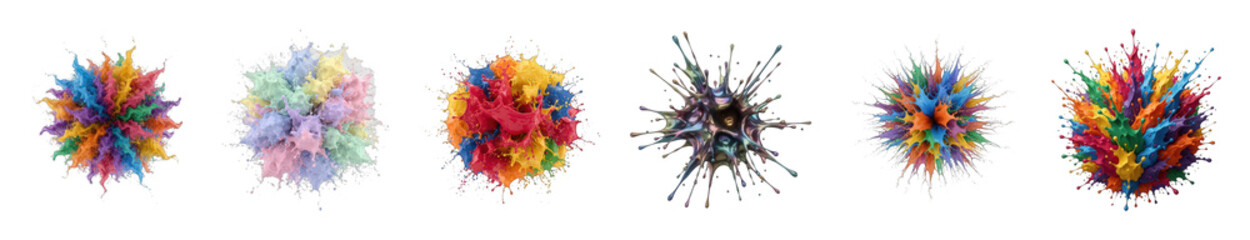 Colorful abstract explosions set including vibrant paint splashes, pastel dust clouds, and metallic bursts isolated. Dynamic graphic design elements.