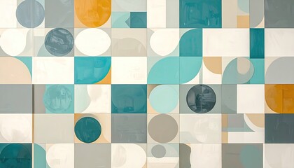 Abstract geometric wall art composed of squares and circles in muted tones