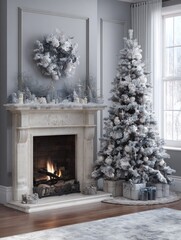 elegant snowy christmas tree and fireplace mantel decor
