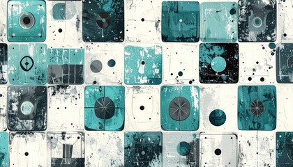 Abstract grid of textured turquoise and white squares, diverse geometric shapes