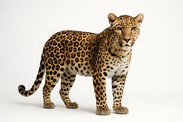 Obraz premium Studio portrait of a leopard standing on a pure white background with detailed spotted fur and no shadows.