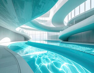 Modern, curvilinear indoor pool with turquoise water and bright, open architecture