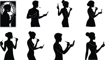 Obraz premium Makeup application silhouette, beauty routine, cosmetic tools, lipstick, mascara, compact mirror, black figure, vector illustration, grooming pose, artistry