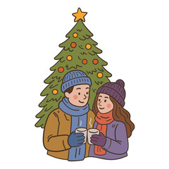 Romantic hand-drawn Christmas illustration of a couple drinking hot cocoa by a decorated tree. Warm, cozy winter scene perfect for festive cards, posters, and holiday designs.