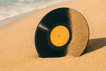 Vinyl Record on Beach: A vintage vinyl record rests on the sand, half-buried, hinting at the passage of time and the ephemeral nature of memory. A captivating visual that blends music and the seaside.