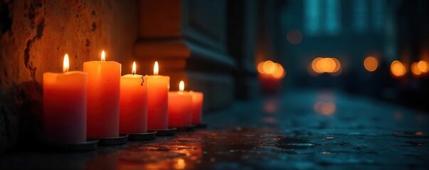 Candlelight Serenity Glowing Vigil in Darkened Space, Soft Shadows, Peaceful Contemplative Atmosphere, Remembrance, Hope