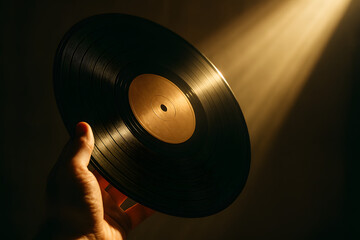 Vinyl Record in Dramatic Spotlight: A hand cradles a classic vinyl record, illuminated by a focused spotlight, highlighting its timeless appeal.
