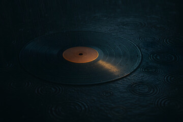Vintage Vinyl Harmony: A solitary vinyl record rests on a reflective surface, its grooves whispering tales of music history. The scene captures the essence of nostalgia.