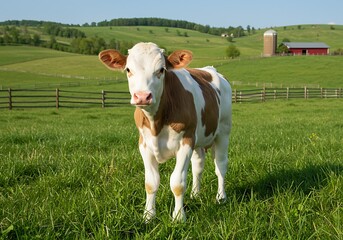 A young brown and white calf stands in a vibrant green pasture on a sunny day with a farm in the background.