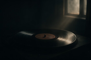 Vinyl's Vintage Echo: A vintage vinyl record rests, bathed in a single beam of sunlight streaming through a nearby window, a nostalgic reminder of music.