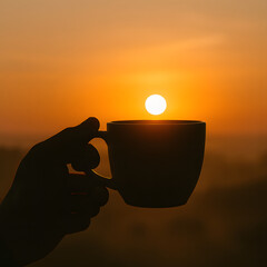 Silhouette Sip: The silhouette of a hand delicately cradles a coffee cup, with the sun setting gracefully in the background, offering a serene and contemplative moment.