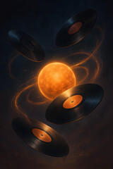 Celestial Symphony: An artistic display of vinyl records in harmonious dance with an ethereal glowing orb, reminiscent of celestial bodies.