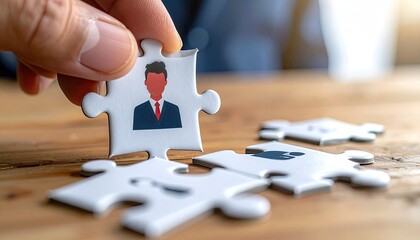 Hand placing puzzle piece with person icon, completing the picture on a wood table