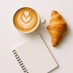 Morning Ritual: A beautifully composed flat lay captures the essence of a perfect morning. A cup of creamy latte with intricate art, flaky croissant, and a blank notebook for journaling.