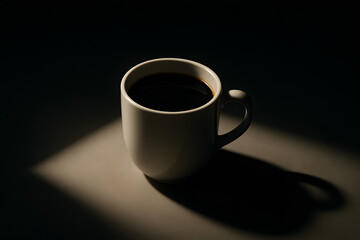 Coffee Mug in the Shadows: A solitary coffee mug, filled with rich, dark liquid, rests under dramatic lighting creating a stark contrast of light and shadow, embodying tranquility.