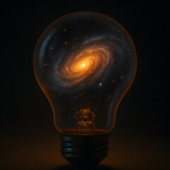 Galactic Spark: A radiant galaxy swirls within a light bulb, illuminating the boundless potential of ideas and innovation against a dark backdrop.