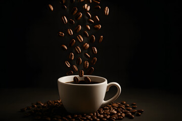 Aromatic Descent: Roasted coffee beans cascade gracefully into a steaming cup, creating a sensory experience of rich aroma and comforting warmth.