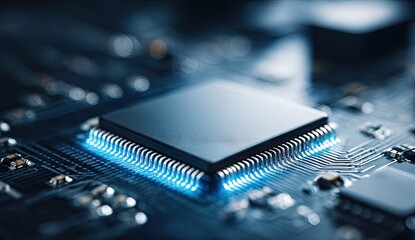 Close-up of a central processor, highlighted with blue light on a complex circuit board
