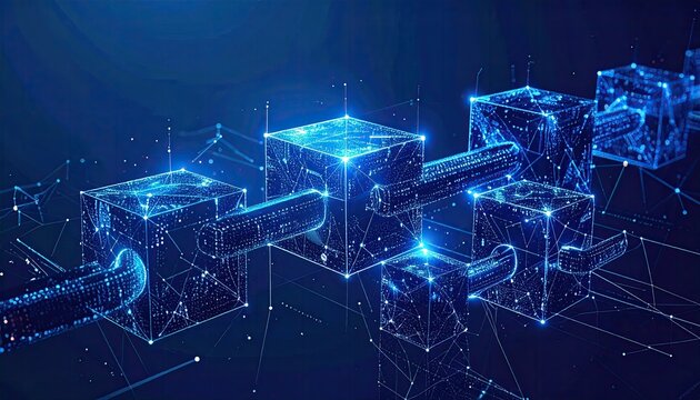Glowing blue geometric blocks linked, representing digital data flow