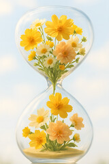 Blooming Time: An hourglass filled with a vibrant bouquet of delicate yellow flowers, symbolizing the preciousness of time, growth, and the beauty of fleeting moments. 