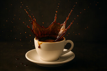 Coffee Cup Splash: A moment frozen in time captures the dynamic splash of freshly brewed coffee erupting from a pristine white cup, set against a dramatic background.