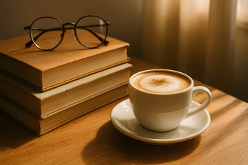 Cozy Corner: A still life of books, spectacles, and a latte, bathed in natural light, inviting contemplation and relaxation.