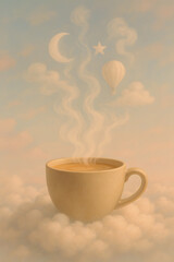 Dreamy Brewscape: A cup of steaming coffee sits amidst a fluffy cloudscape, with celestial symbols and a hot air balloon adorning the vapor above, evoking a sense of tranquility and imagination.