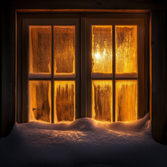 Window with snow buildup. Glowing warm window covered with frost and snow in winter night representing coziness, warmth, home comfort, and peaceful holiday season atmosphere