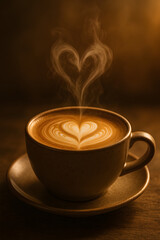 Steaming Coffee Love: A warm cup of coffee with latte art in the shape of a heart, releasing gentle steam that floats into the air. The cup sits on a matching saucer.