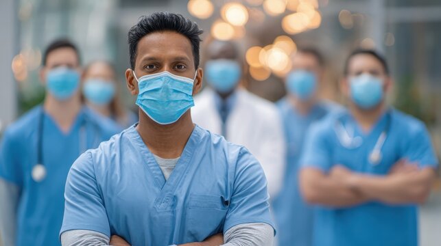 confident multiethnic male nurse in front of his medical team looking at camera wearing face mask during covid19 outbreak happy and proud indian young surgeon standing in front of his colleagues no l