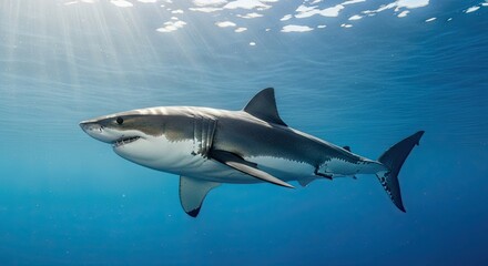 Naklejka premium Majestic Great White Shark Swimming Underwater Sunlight Rays