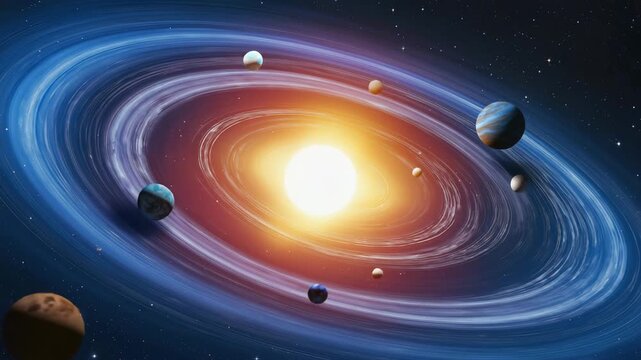 Solar system planets orbiting bright sun cosmic nebula starfield galaxy exploration science HD video.	

