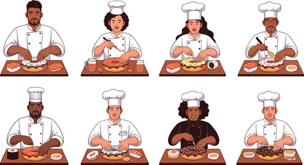 Chefs cooking sushi, burgers, pizza, cake, food preparation, culinary team, kitchen staff, gourmet meals, restaurant, professional cuisine