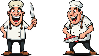 Cartoon chef characters, cooking illustration, professional kitchen scene, meat cutting artwork, culinary arts concept, restaurant worker design, funny cook cartoon