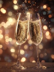 two glasses clinking together filled with sparkling drinks creating a joyous atmosphere perfect for celebration surrounded by a softly lit ambiance of warm bokeh