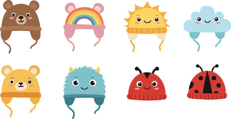Cartoon children’s winter hats, bear, rainbow, sun, cloud, monster, ladybug designs, cute characters, colorful illustration, playful vector art