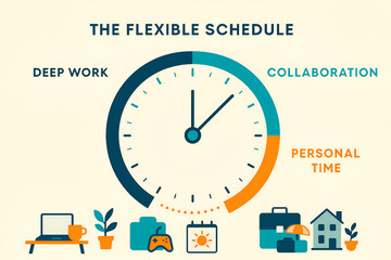 Flexible schedule clock showing balance of deep work, collaboration and personal time