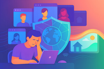 Stressed remote worker at laptop overwhelmed by online meetings and digital notifications