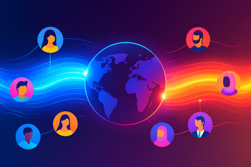 Colorful global network with connected people icons around glowing world map