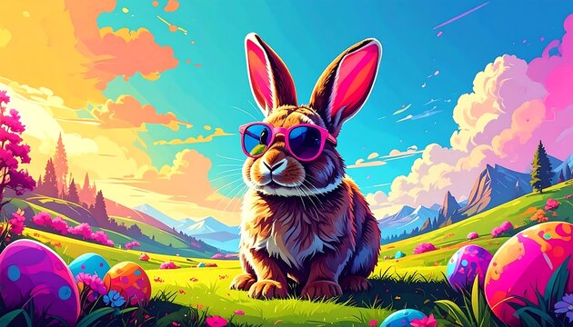 A brown bunny with sunglasses relaxes in a sunny meadow filled with colorful Easter eggs. The sky is painted with vibrant hues - Powered by Adobe