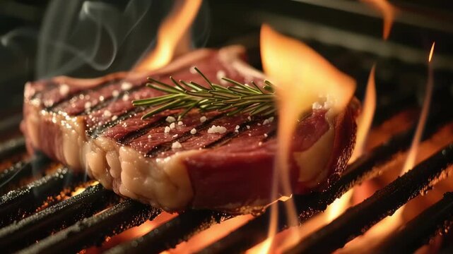 A raw beef steak with rosemary and salt cooking on a hot barbecue grill with open flames. Footage for a restaurant advertisement or culinary blog