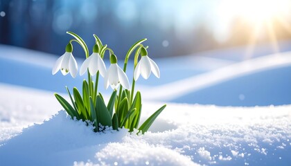 A close-up shot shows delicate snowdrop flowers emerging from fresh white snow, bathed in warm sunlight. The scene evokes early spring