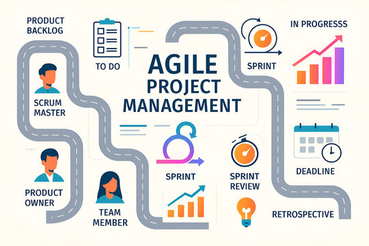 Agile project management infographic with team roles, process steps, and sprint icons