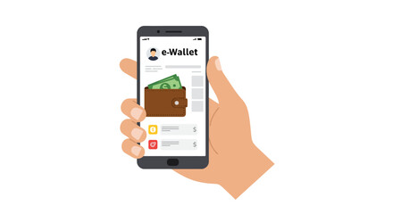Hand holding a smartphone displaying an e-wallet application with a wallet and money graphic.