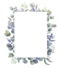 Watercolor eucalyptus frame, PNG greenery border, lavender flower