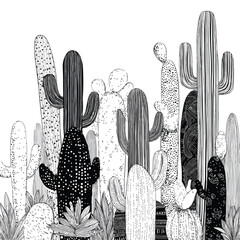 Monochrome Cactus Doodle Patterns Abstract Design